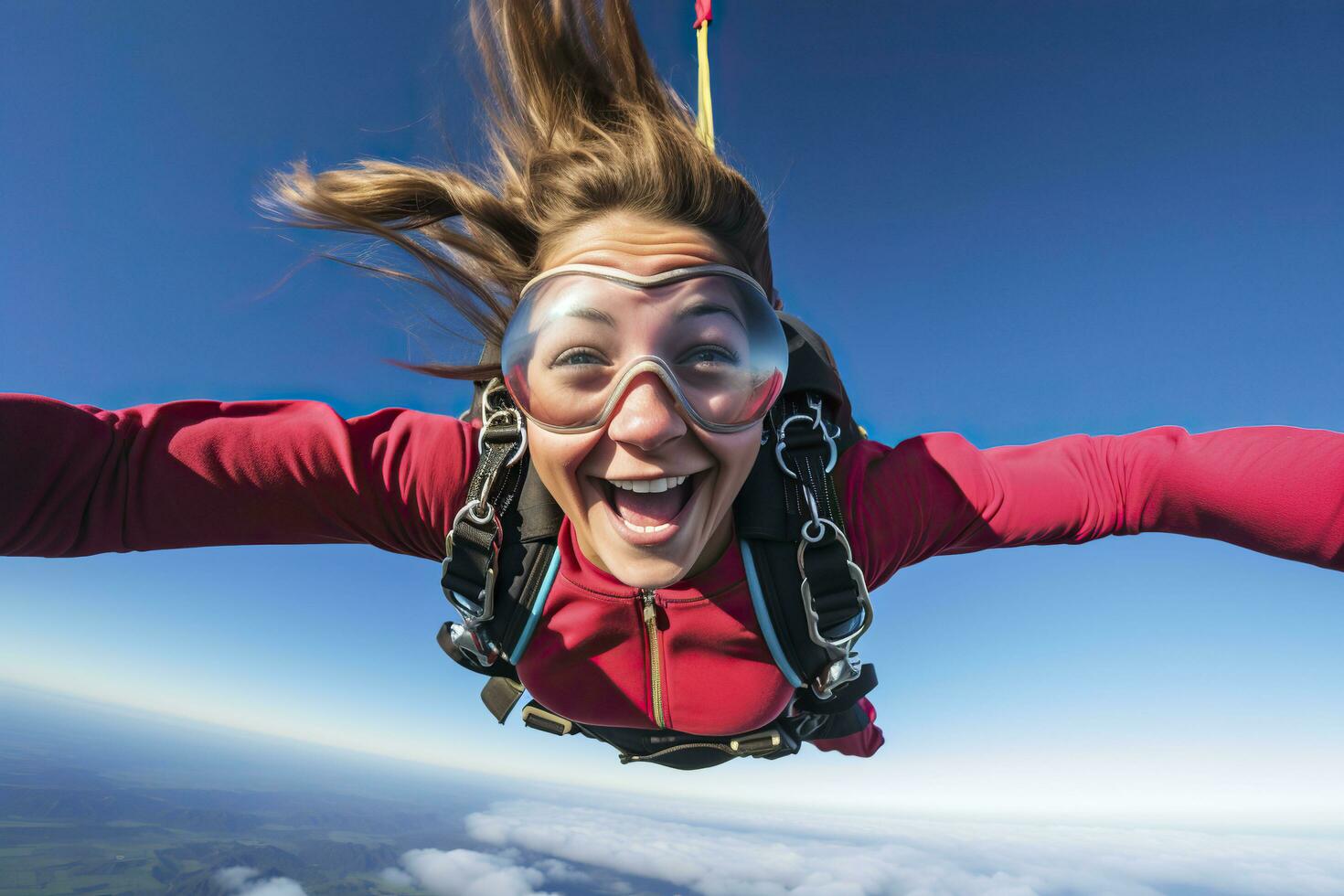 Portrait of a girl skydiver in a red shirt and goggles.AI Generated photo