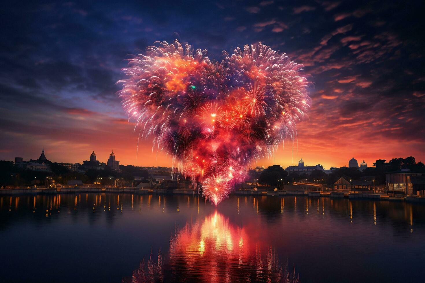 Colorful heart shaped fireworks. AI Generated. photo