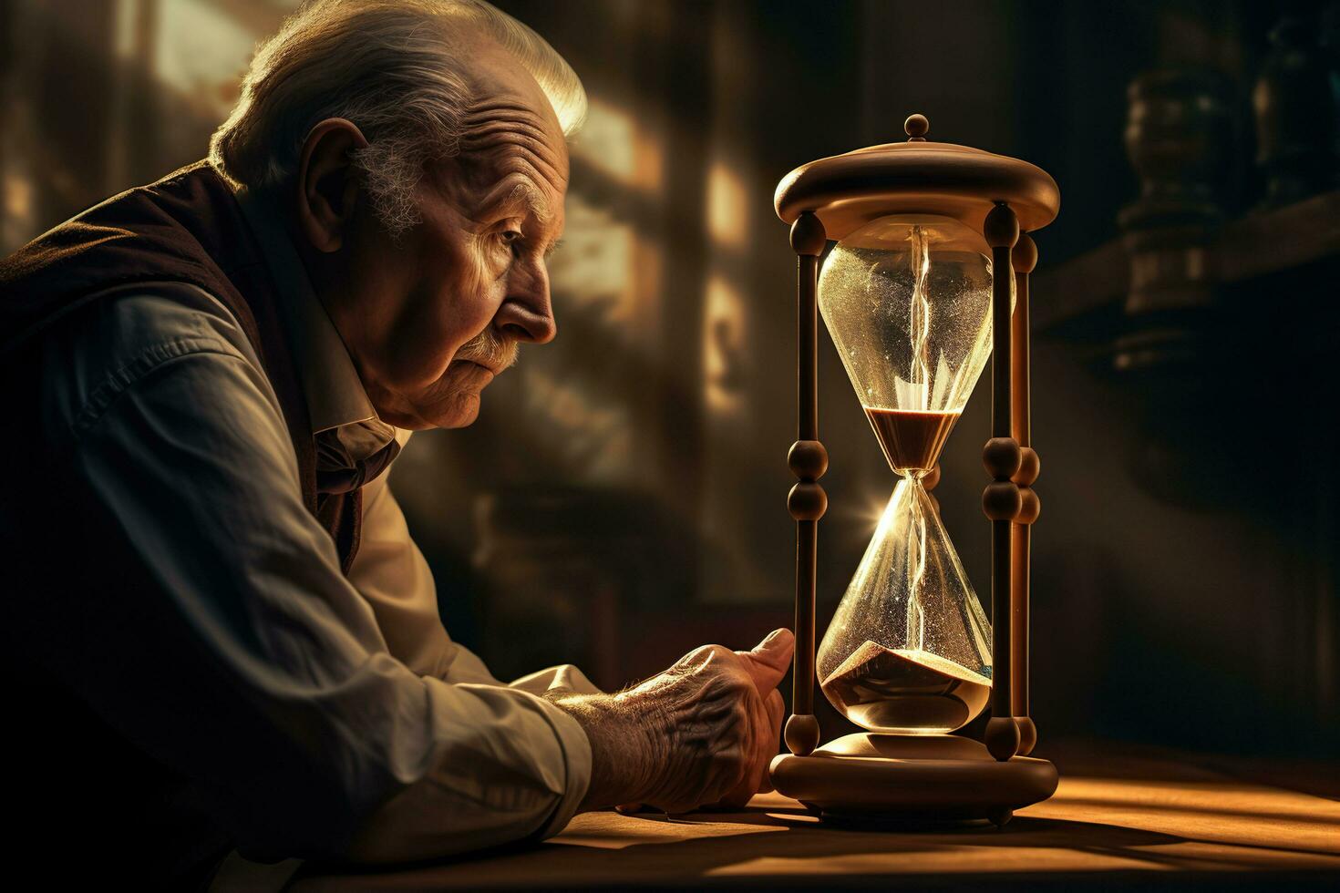 Elderly man sitting at table and looking at hourglass.AI Generated photo