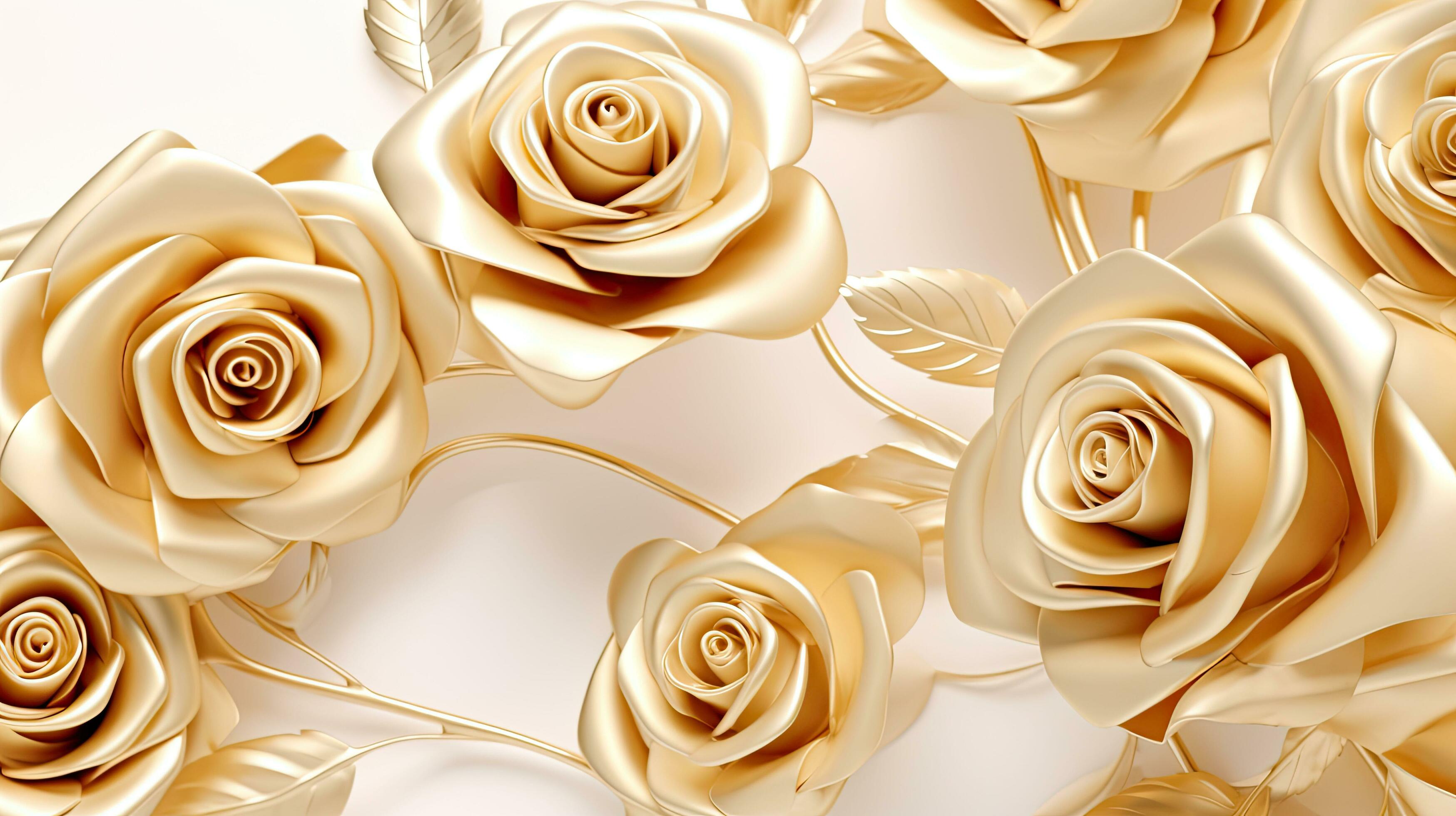 3d golden rose flowers on white background, floral background.AI