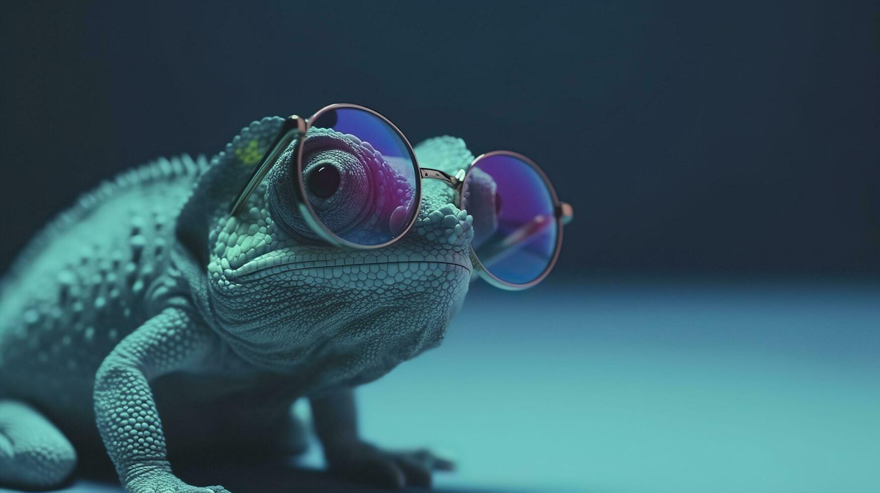 Funny chameleon in sunglasses on a dark background.AI Generated photo