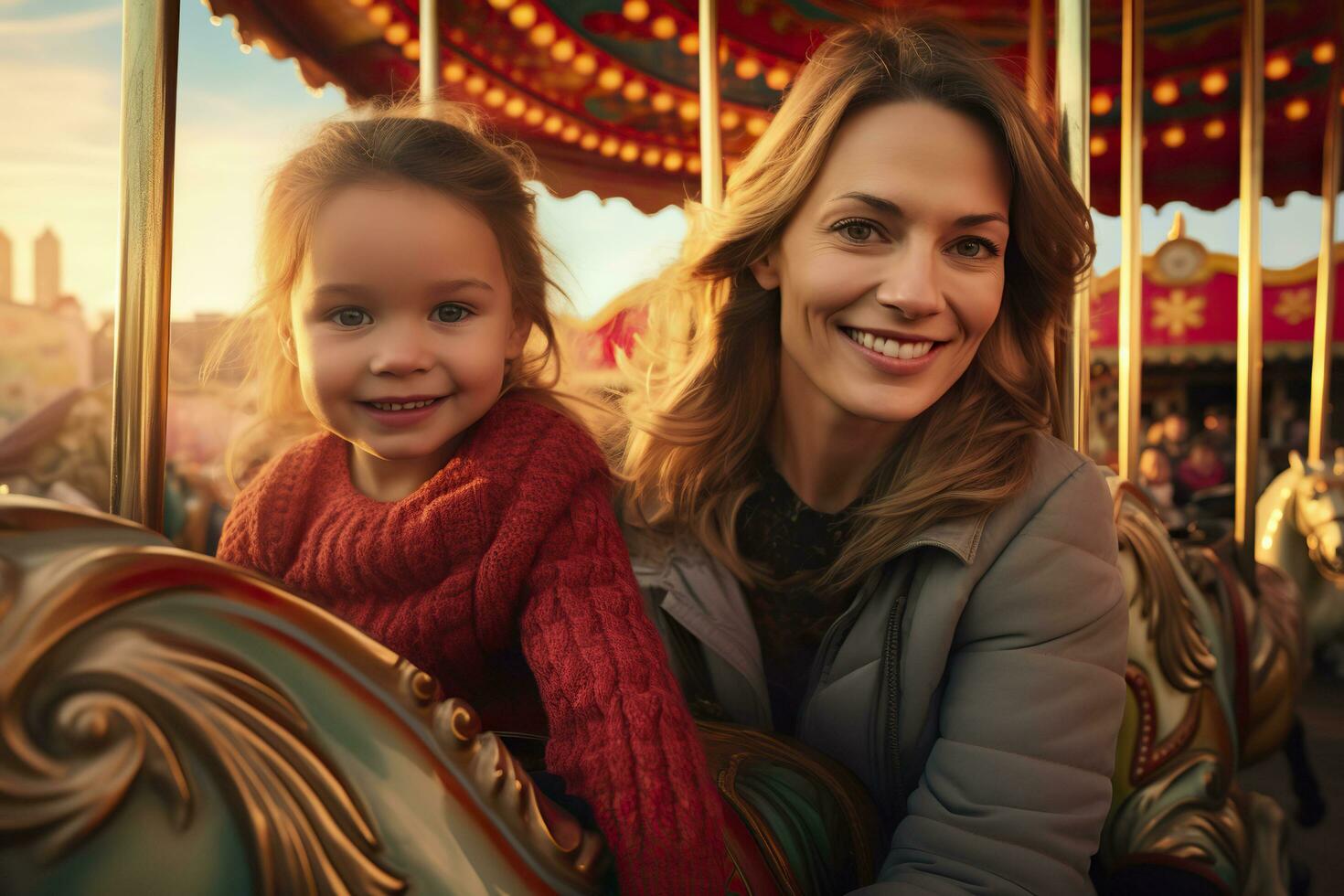 Mother and daughter having fun on carousel at amusement park.AI Generated photo