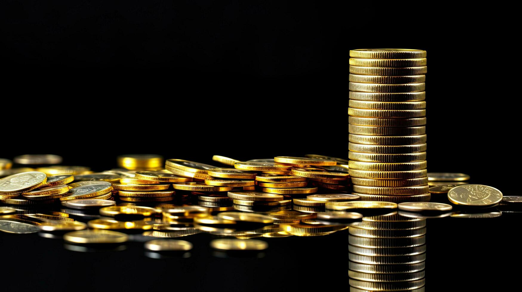 Golden coins stack on black background, business and finance concept idea.AI Generated photo