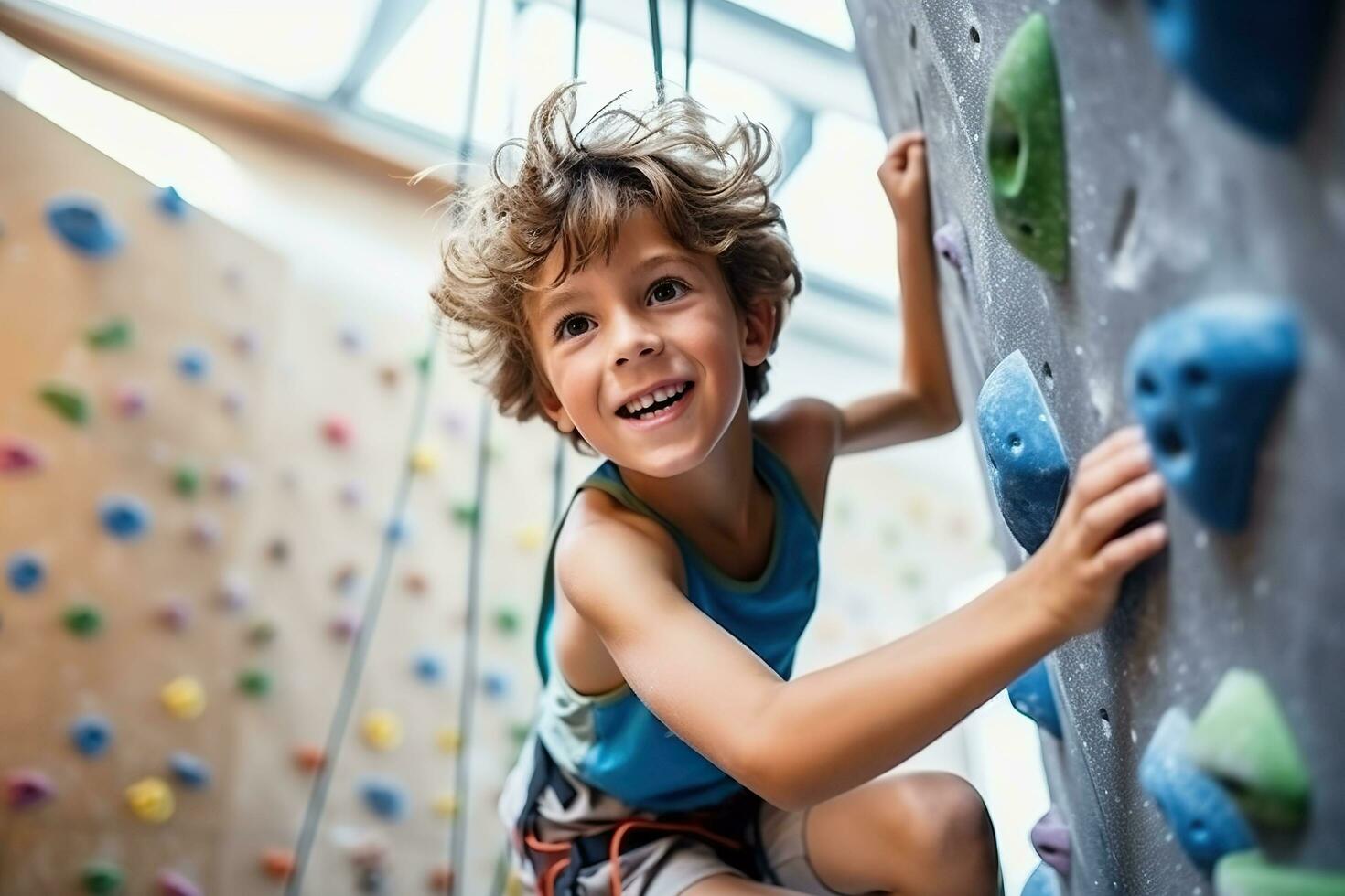 Happy boy climbing on artificial rock wall at gym, sport activity concept.AI Generated photo