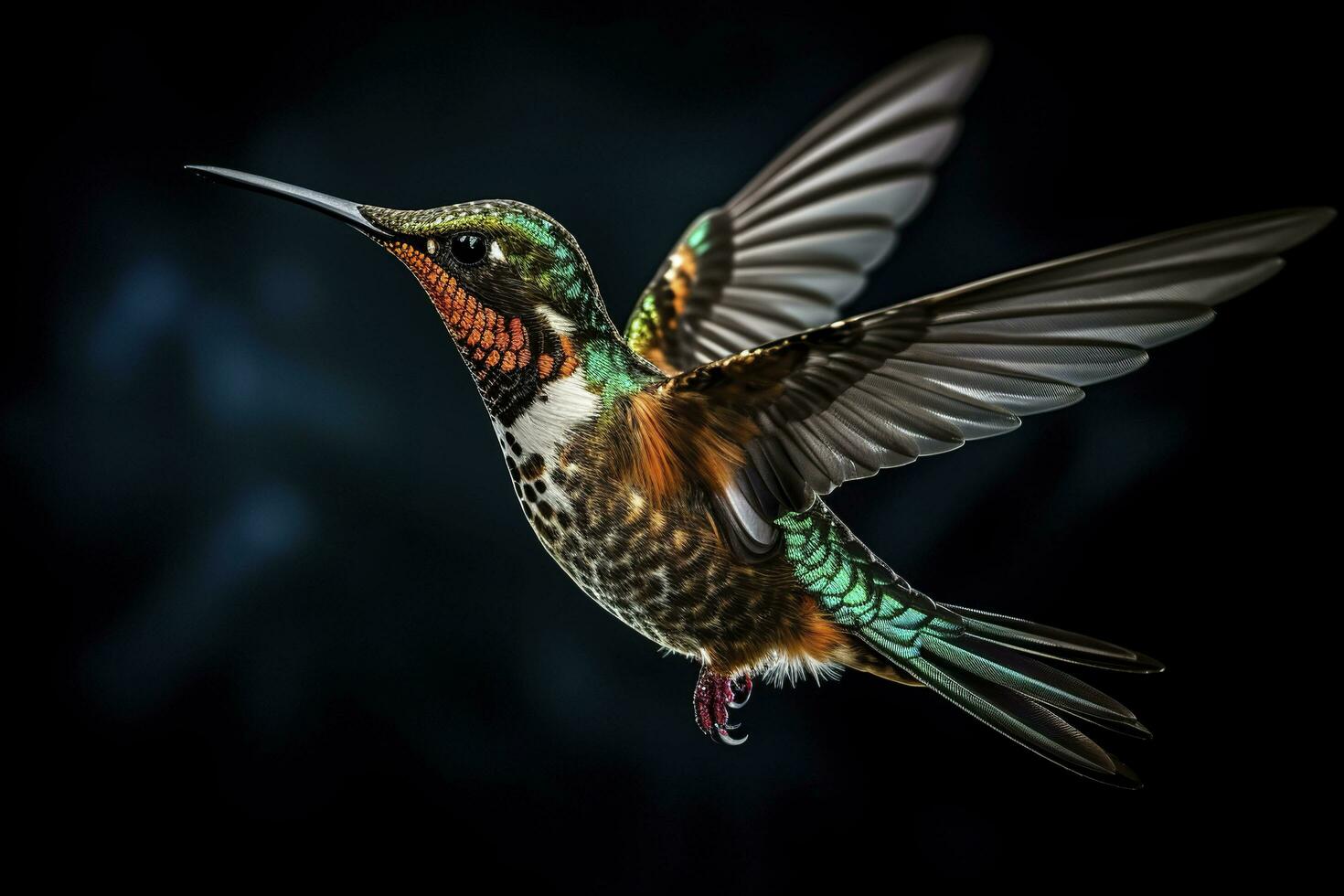 Hummingbird in flight isolated on black background.AI Generated photo