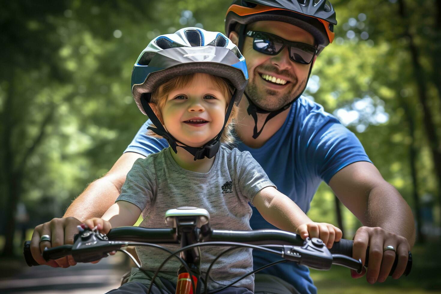 Dad and son ride a bike.AI Generated photo