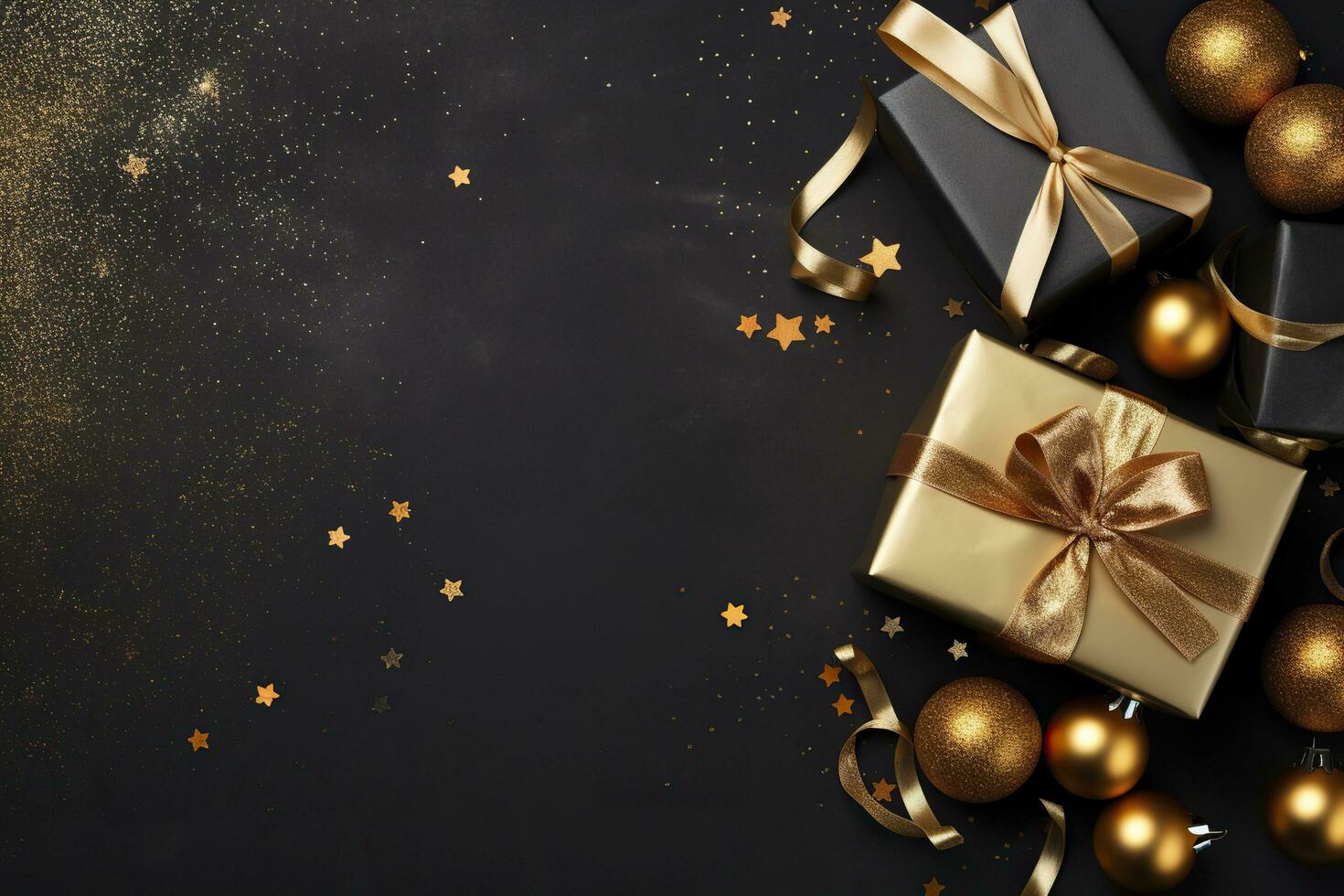 Christmas or New Year black background with golden decorations and gift boxes.AI Generated photo