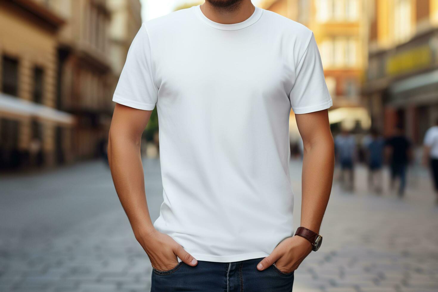 Man in white blank t-shirt standing on city street. Mock-up t-shirt.AI Generated photo