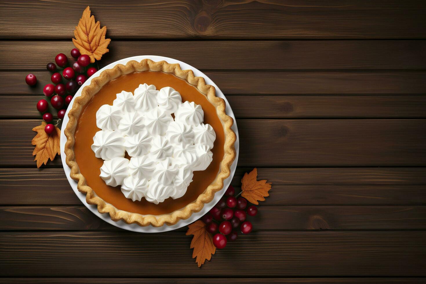 Pumpkin pie with berries and autumn leaves on  wooden table.AI Generated photo