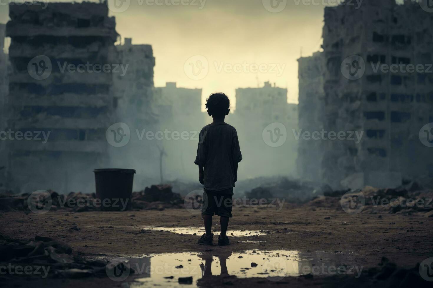 A Glimpse of Hopelessness, Child in Abandoned Middle East Cities, AI Generated photo