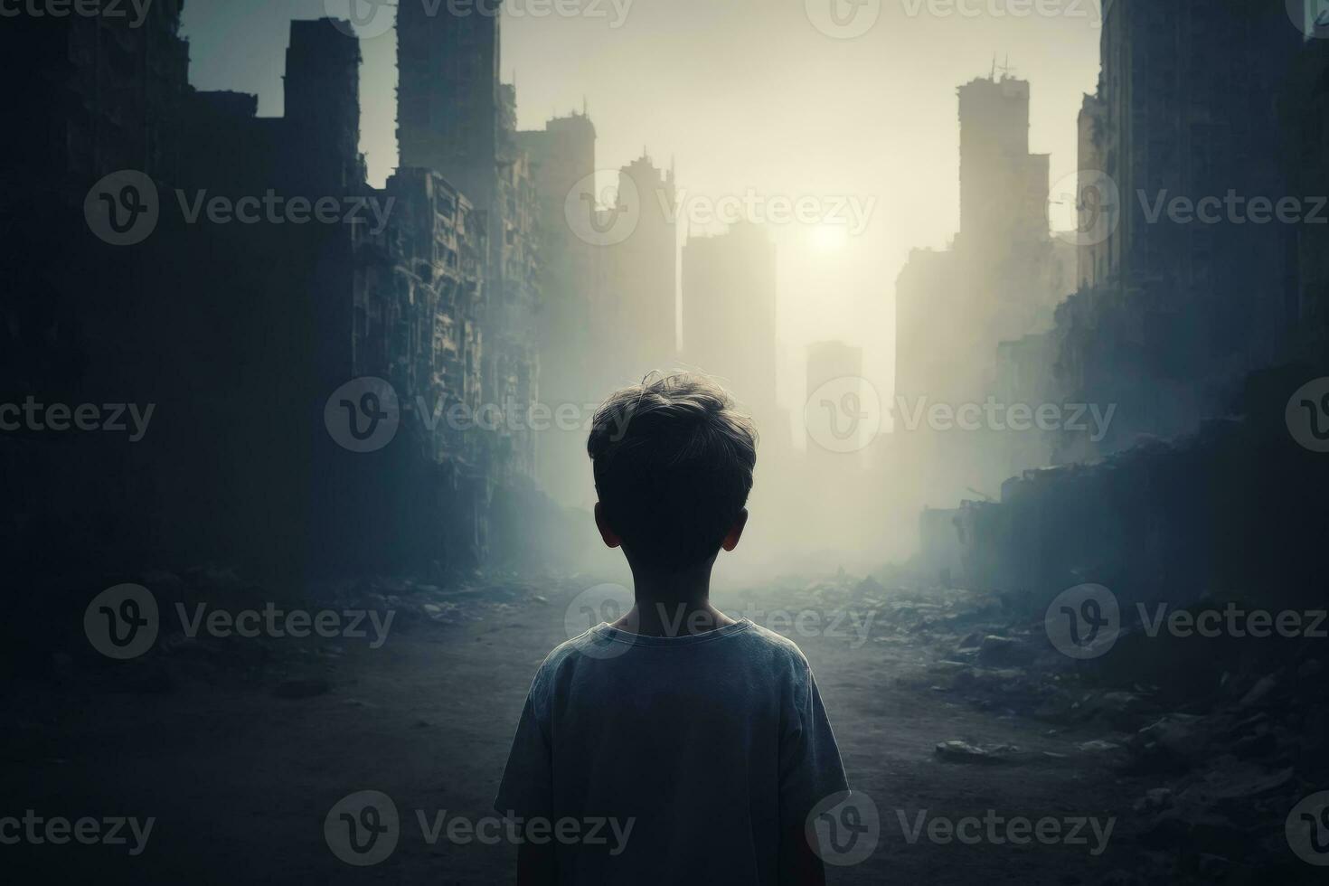 Solitary Child Facing Despair in Abandoned Middle Eastern Urban Landscape, AI Generated photo