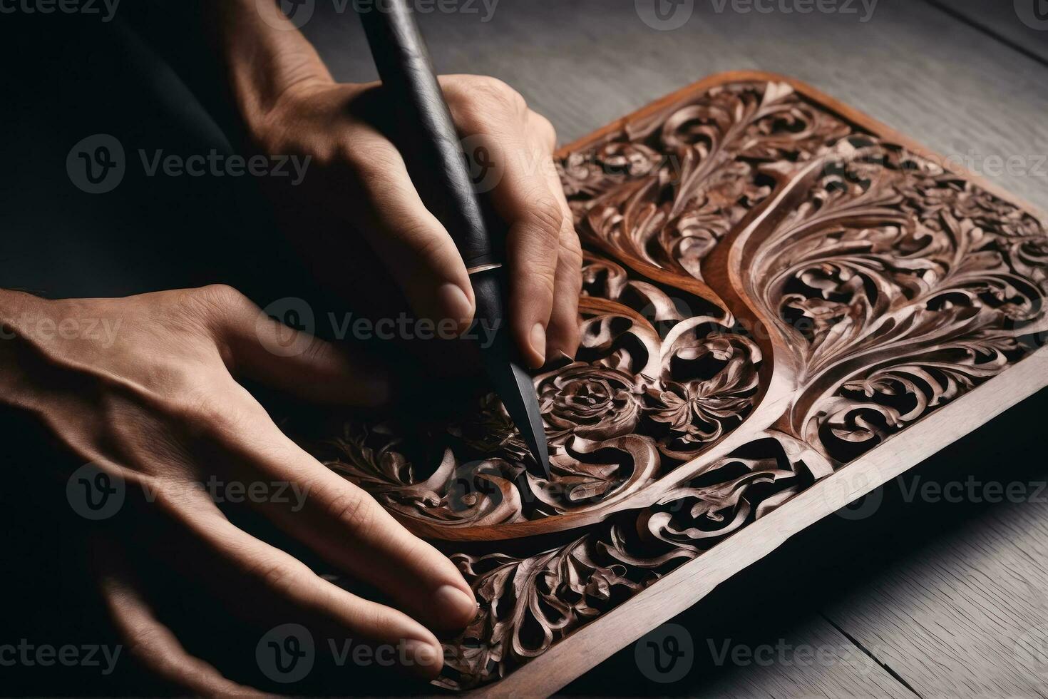 Masterful Artisan Touch, Dark Wood Tradition, AI Generated photo