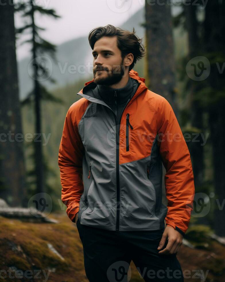 men wearing lightweight hiking jacket functional sleek AI Generative photo