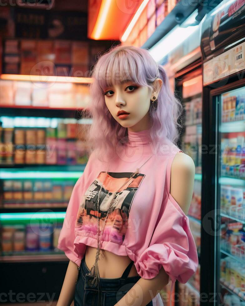 un elegante niña vistiendo ropa de calle en un conveniencia Tienda ai generativo foto