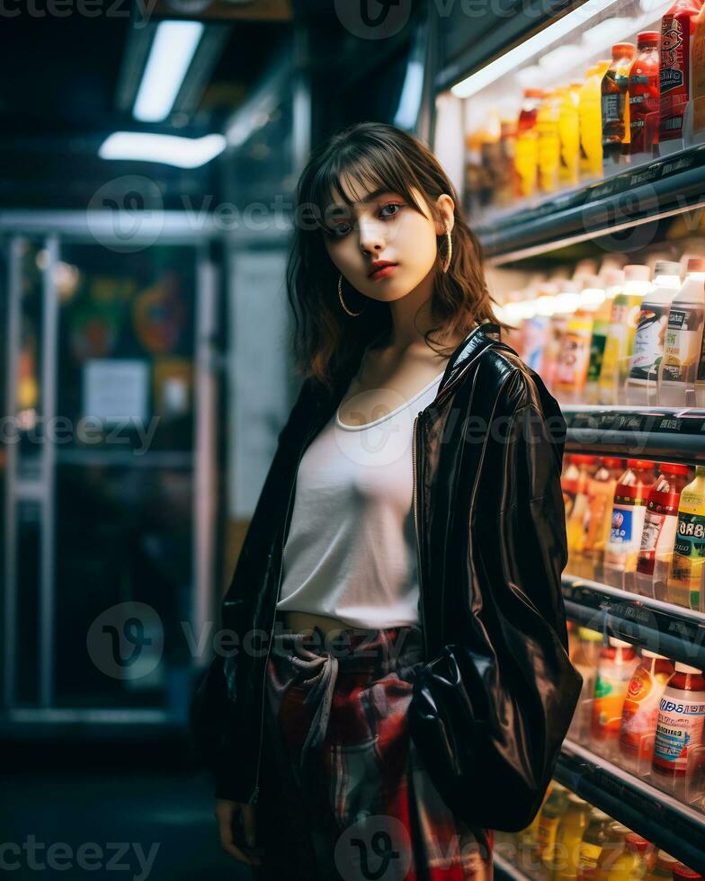 a stylish girl wearing streetwear in a convenience store AI Generative photo