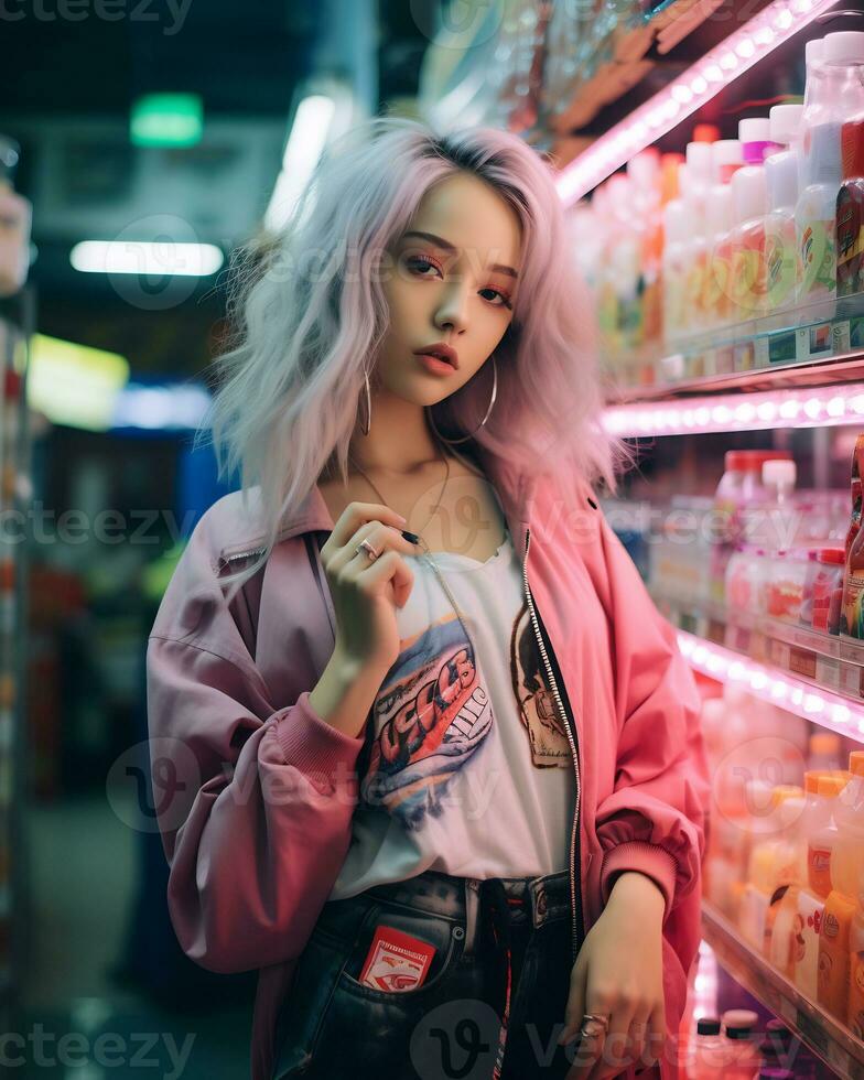 a stylish girl wearing streetwear in a convenience store AI Generative photo