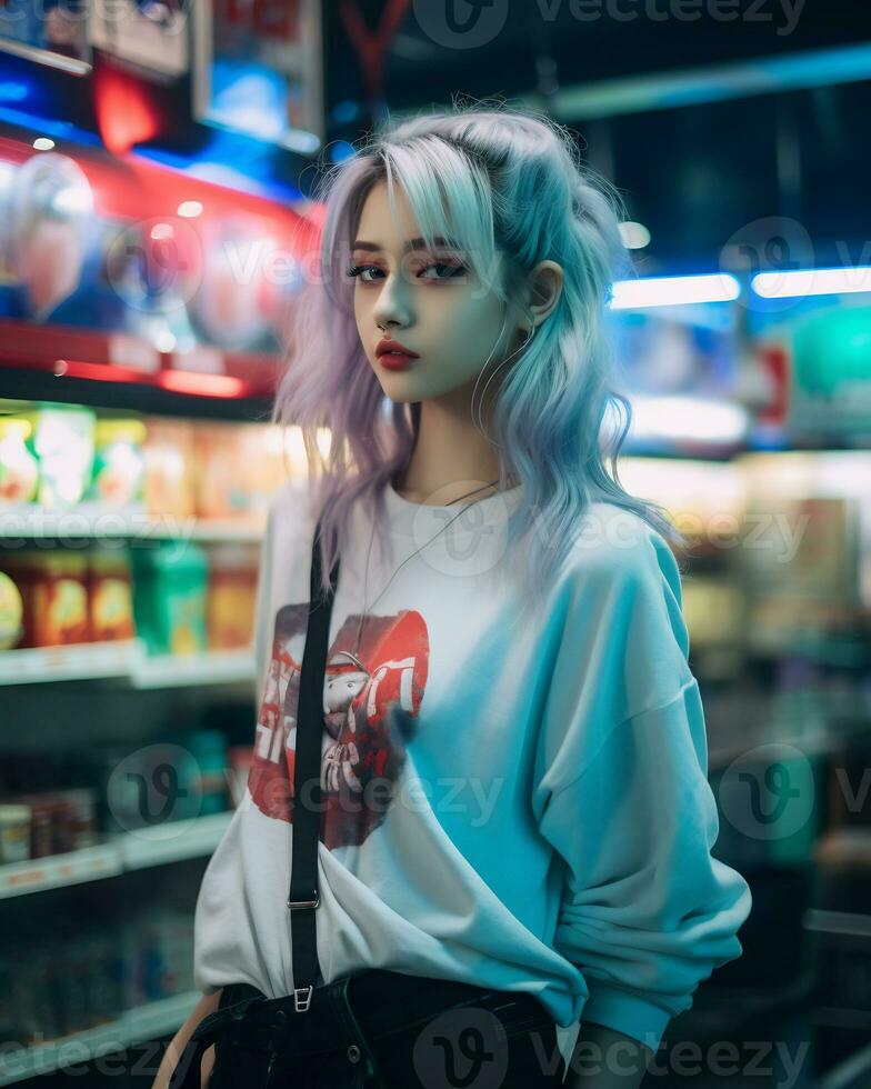a stylish girl wearing streetwear in a convenience store AI Generative photo