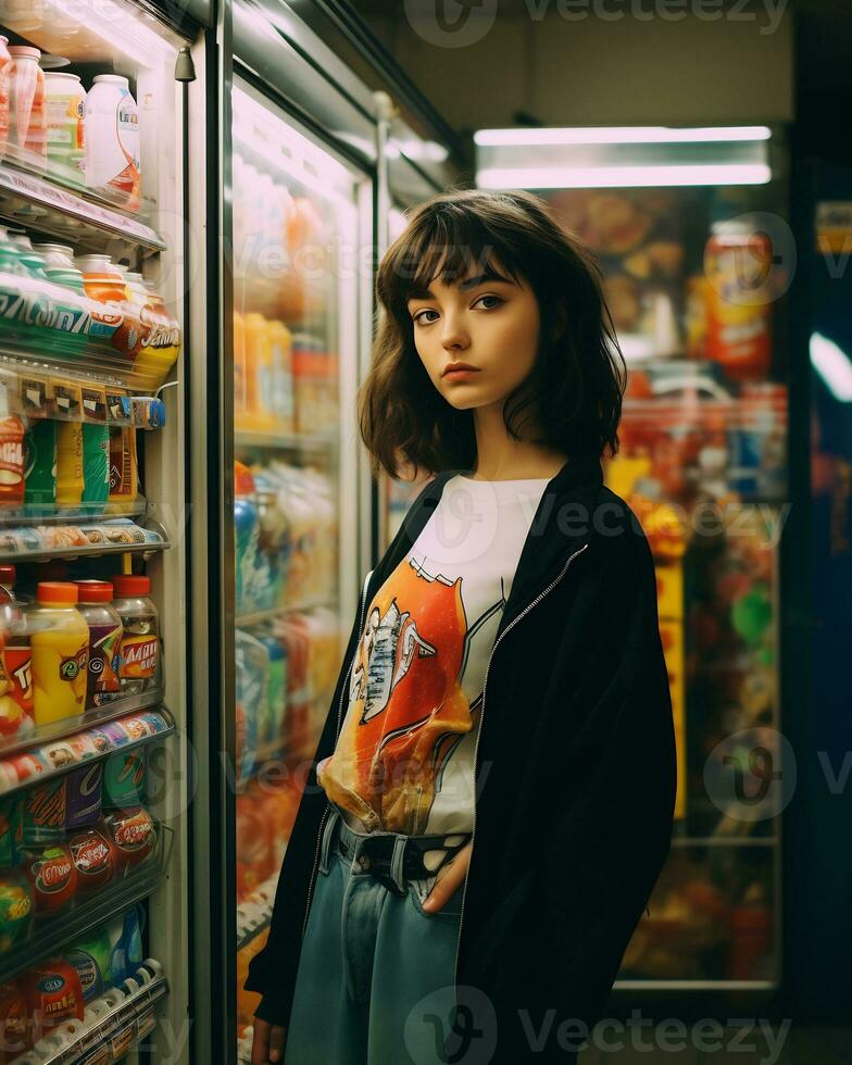 a stylish girl wearing streetwear in a convenience store AI Generative photo