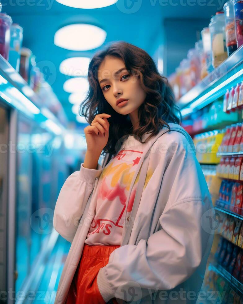 a stylish girl wearing streetwear in a convenience store AI Generative photo