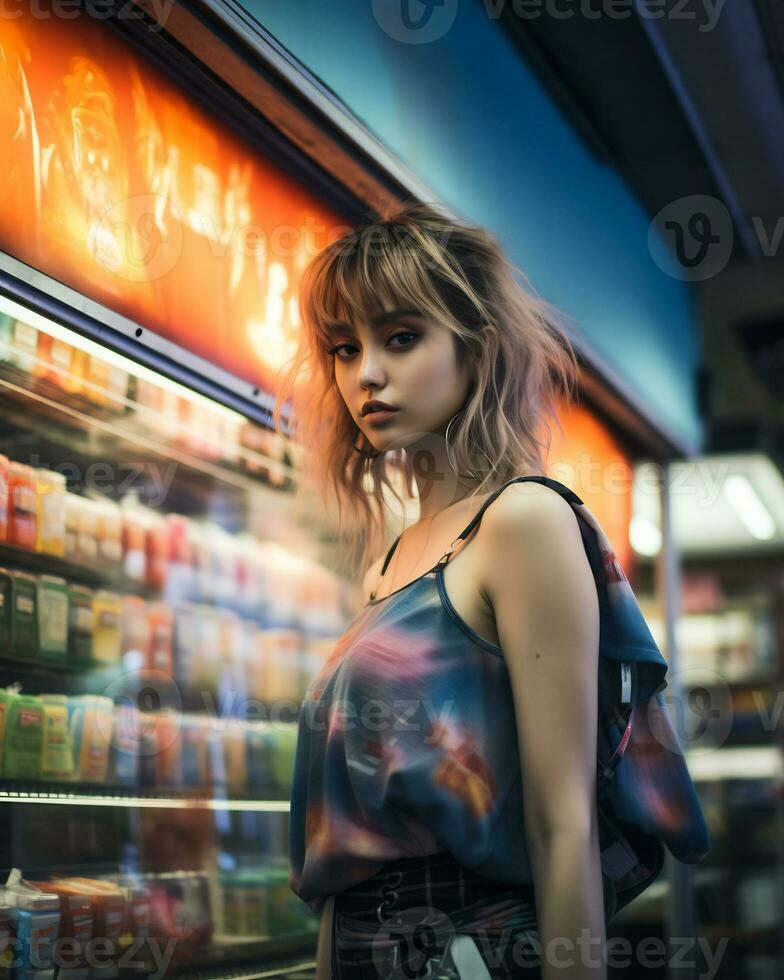 un elegante niña vistiendo ropa de calle en un conveniencia Tienda ai generativo foto