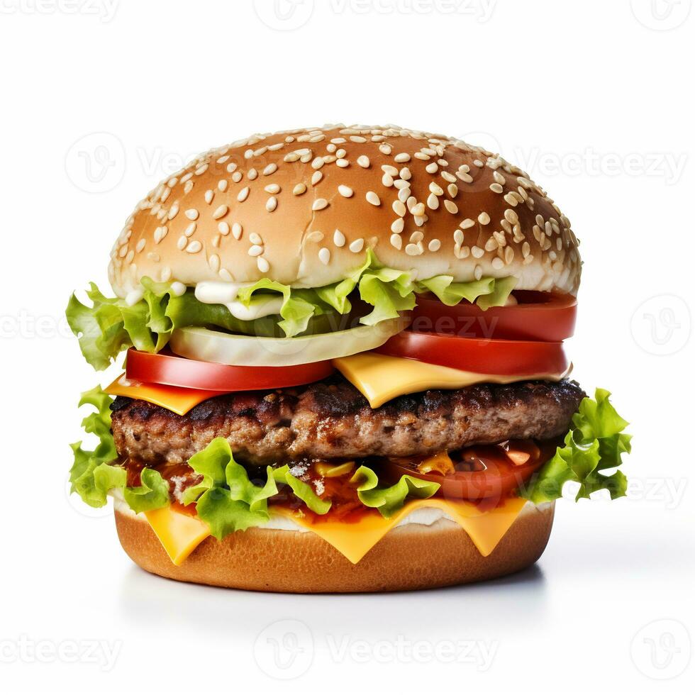 A delicious burger in isolated white background AI Generative photo