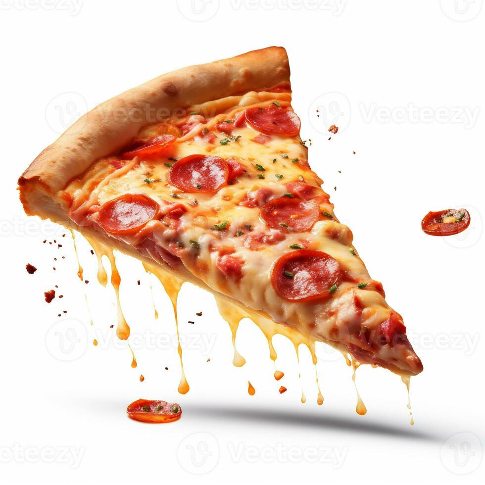 A delicious slice pizza in isolated white background AI Generative photo