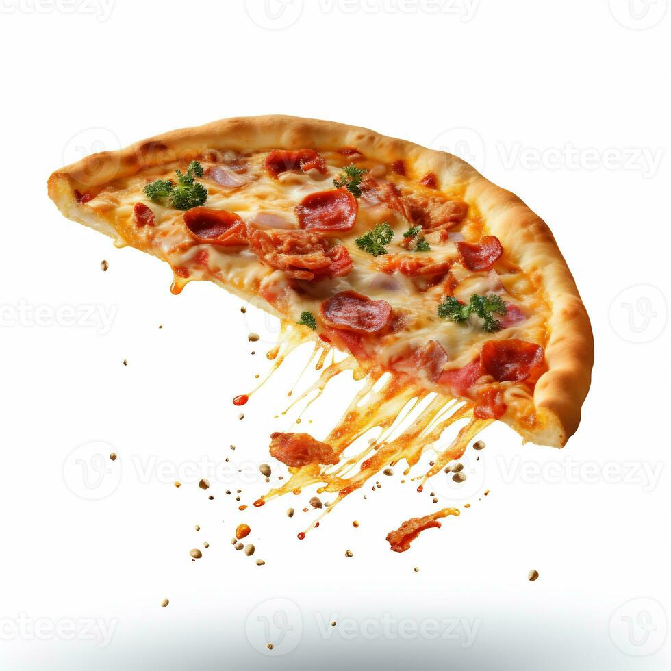 A delicious slice pizza in isolated white background AI Generative photo