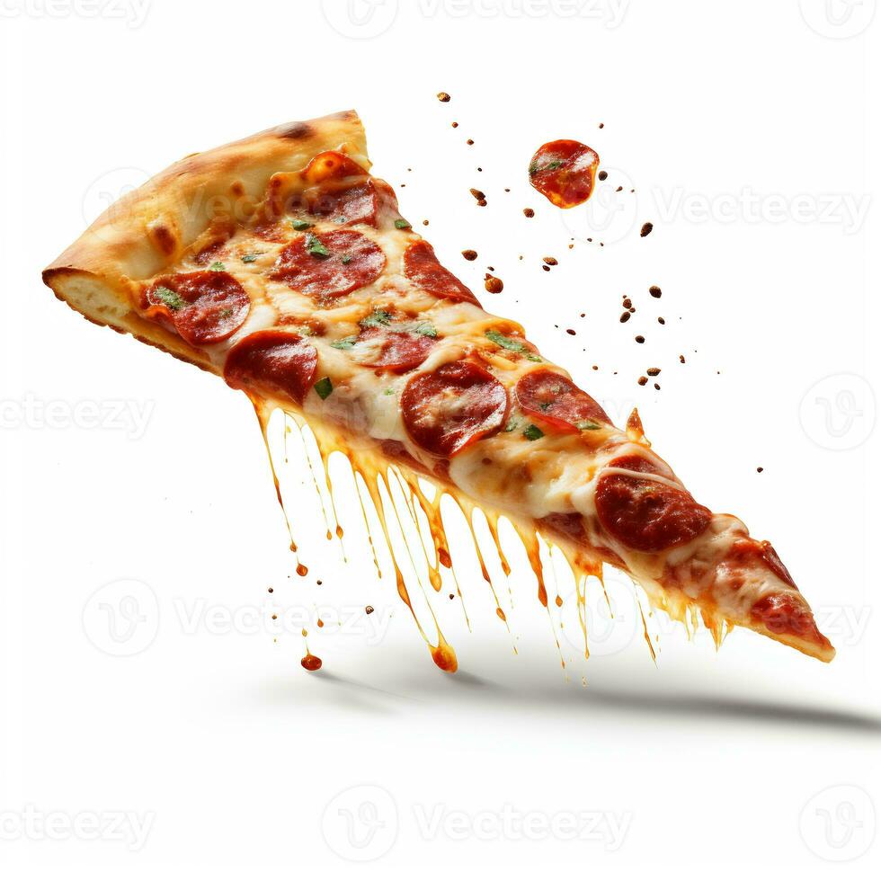 A delicious slice pizza in isolated white background AI Generative photo