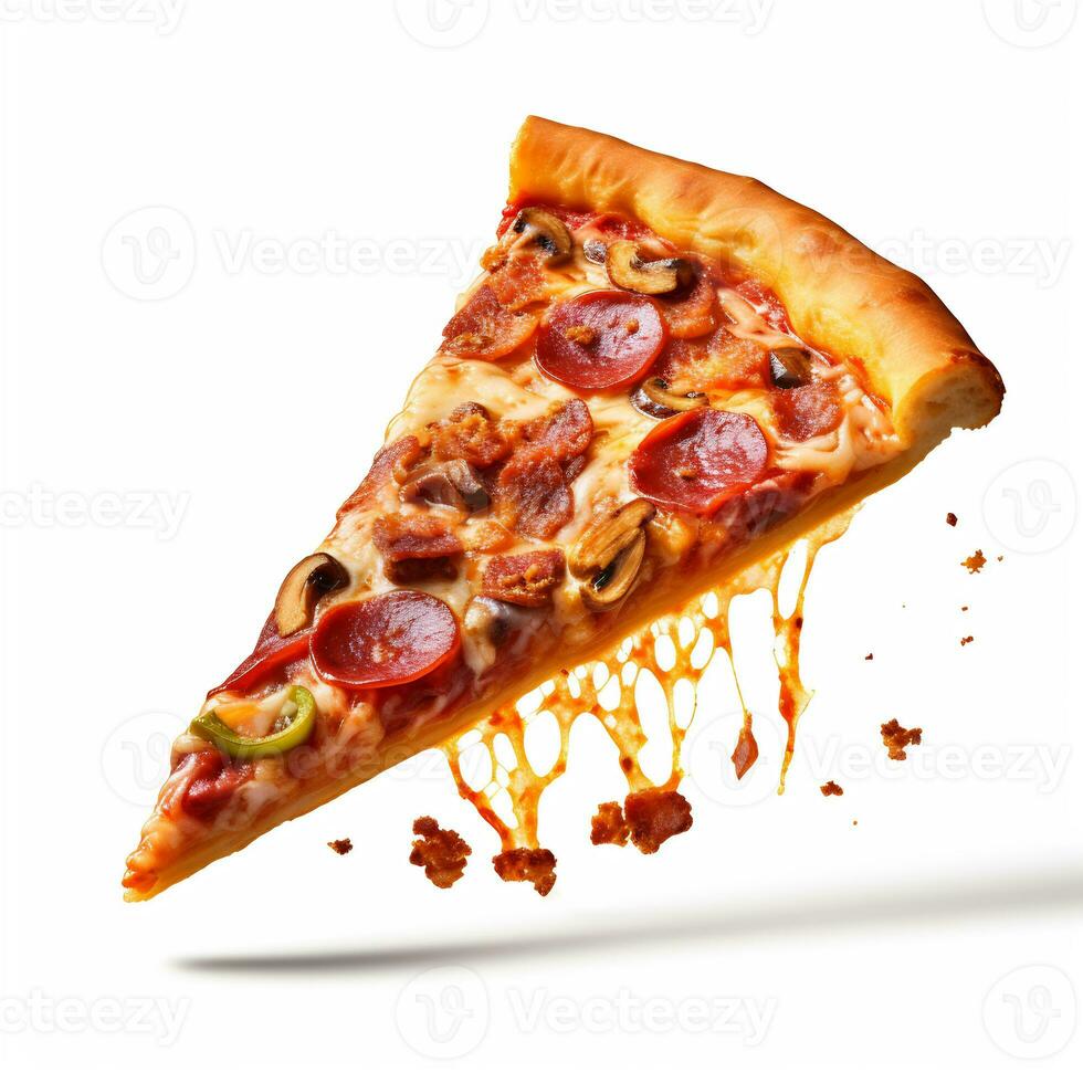 A delicious slice pizza in isolated white background AI Generative photo