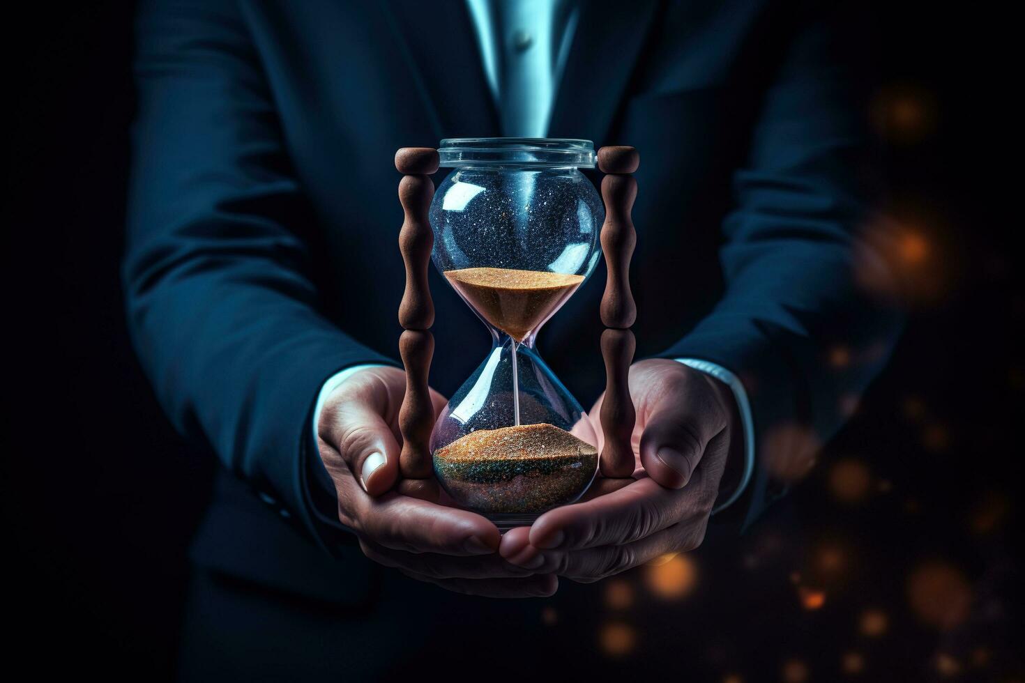 Close up of businessman holding hourglass with sand. Time concept.AI Generated photo