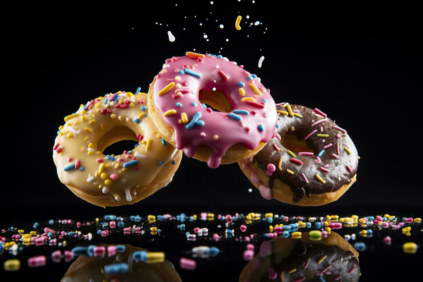 Donuts on black background.AI Generated photo