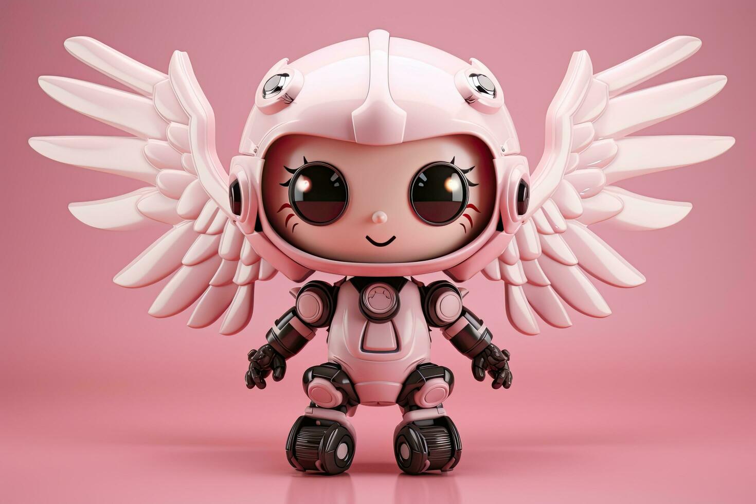 Cute pink robot with wings on a pink background.AI Generated photo