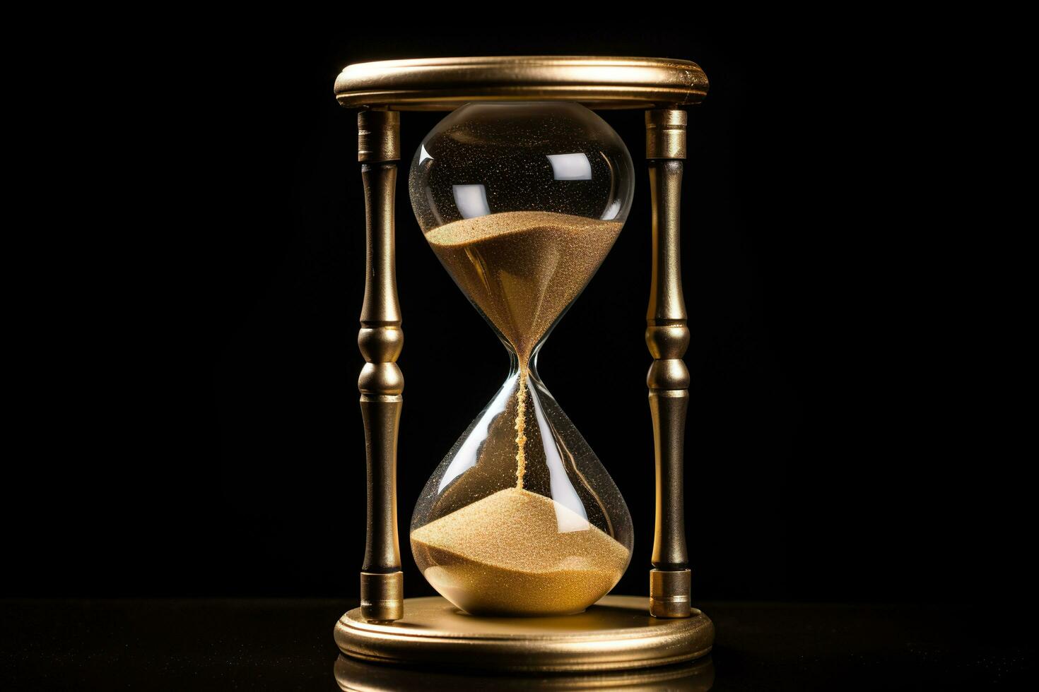 Hourglass on black background. Sand running through the glass. Time passing concept.AI Generated photo