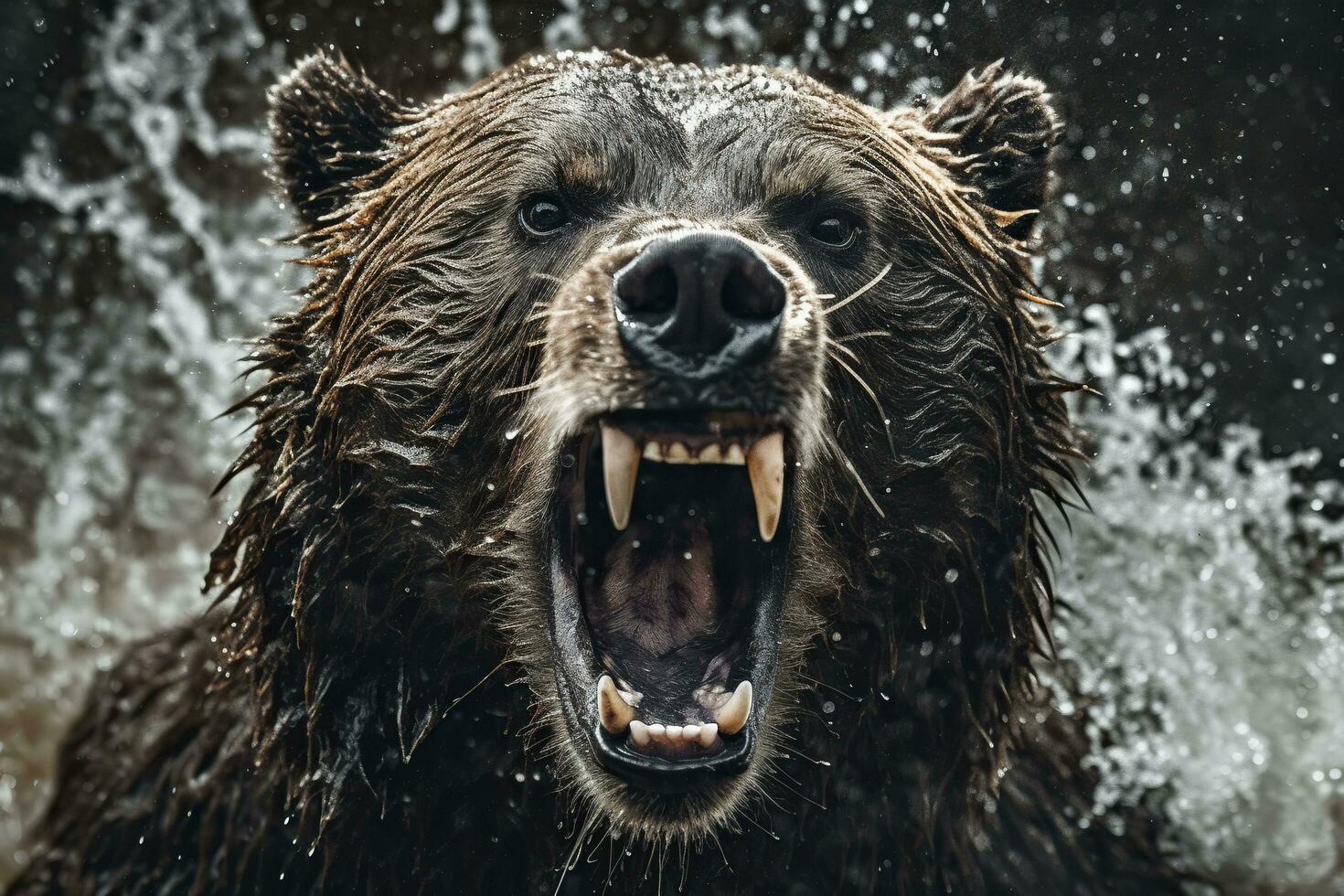 de cerca retrato de un marrón oso con abierto boca en agua.ai generado foto