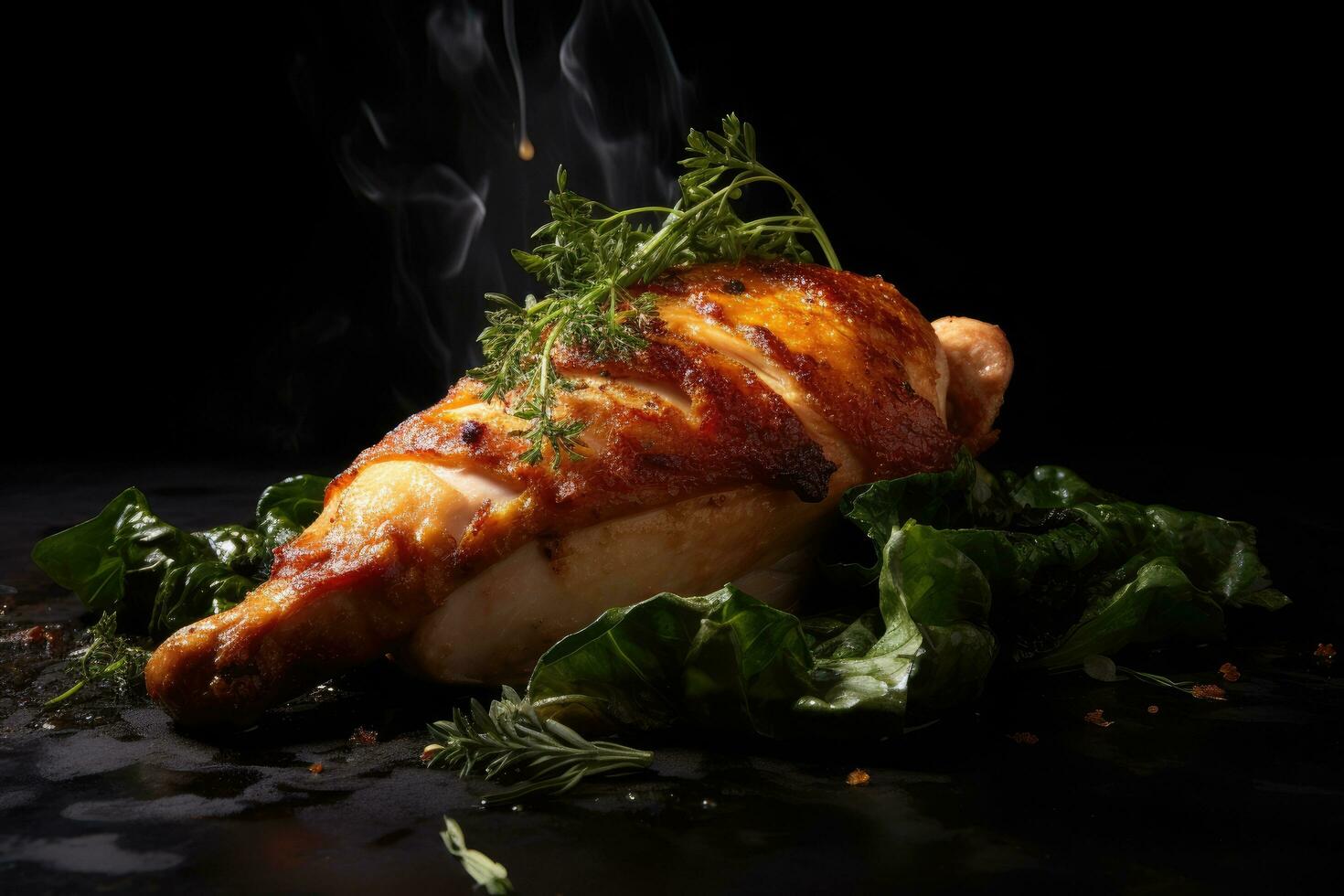 roasted chicken with herbs and spices on a black background in a restaurant, perfectly cooked juicy chicken breast undermine the traditional image of a tender, juicy cutlet, AI Generated photo