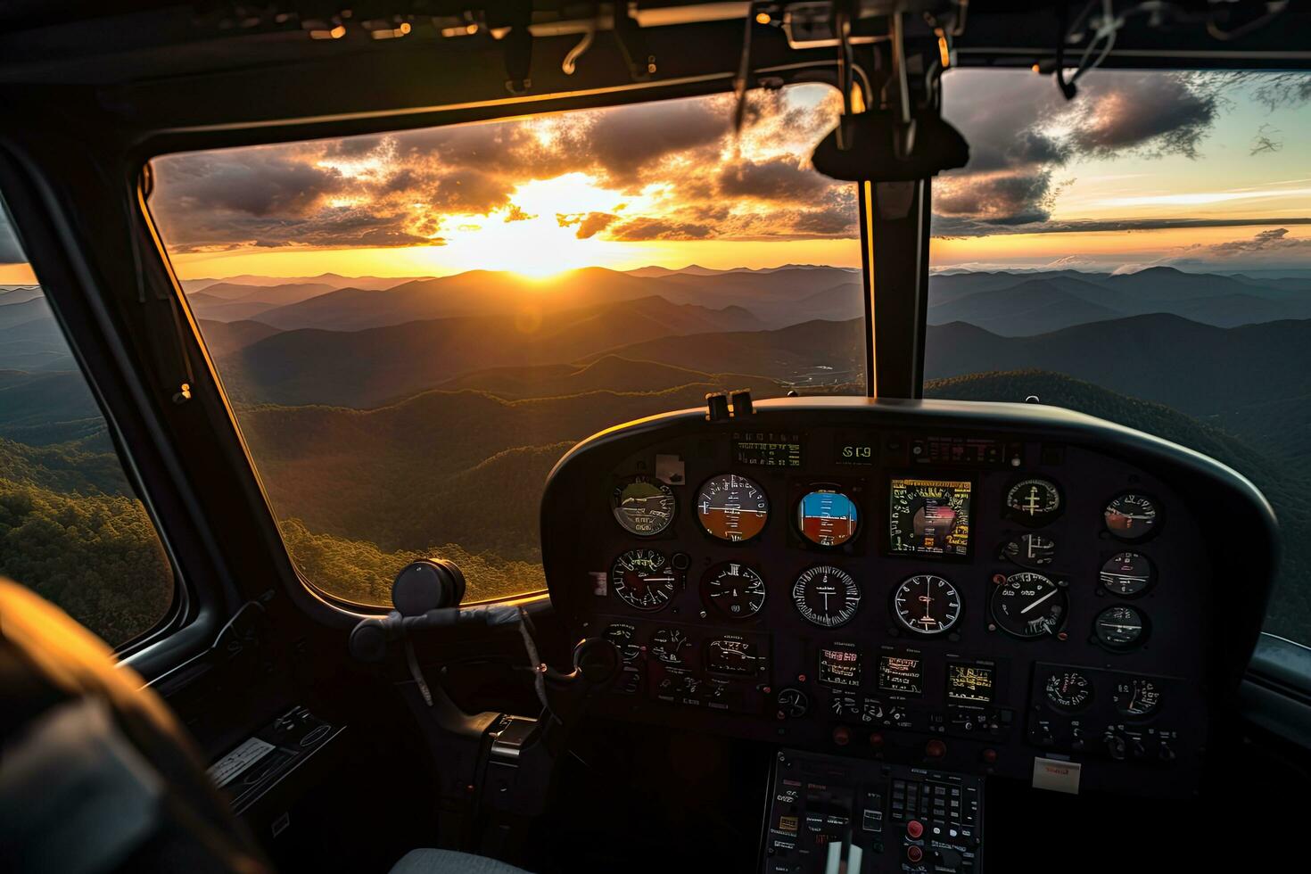 helicóptero cabina a puesta de sol con montañas en el fondo, aéreo puesta de sol ver terminado el azul cresta montañas desde el cabina de un privado aeronave. cielo con nubes cielo fondo, ai generado foto