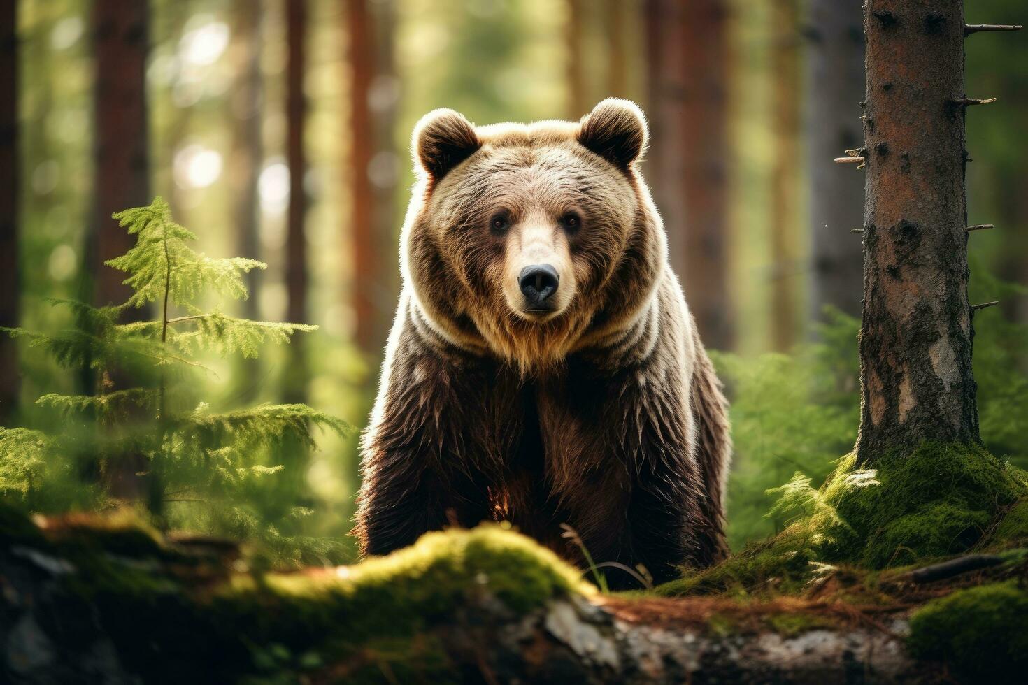 Grizzly bear in the forest. Wildlife scene from Finland, Brown bear in the forest, close-up of a wild animal, AI Generated photo