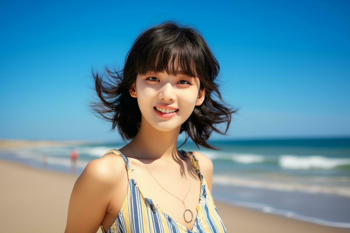 Beautiful young asian girl wearing summer dress in sunny day AI Generative photo