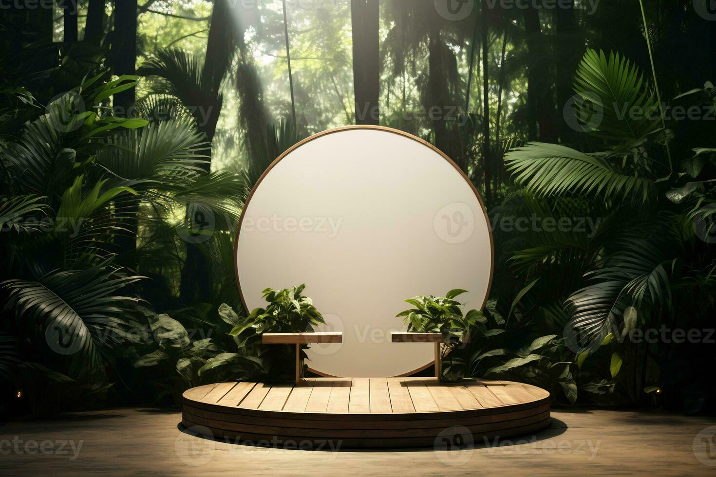 Wooden podium in tropical forest for product presentation AI Generative photo