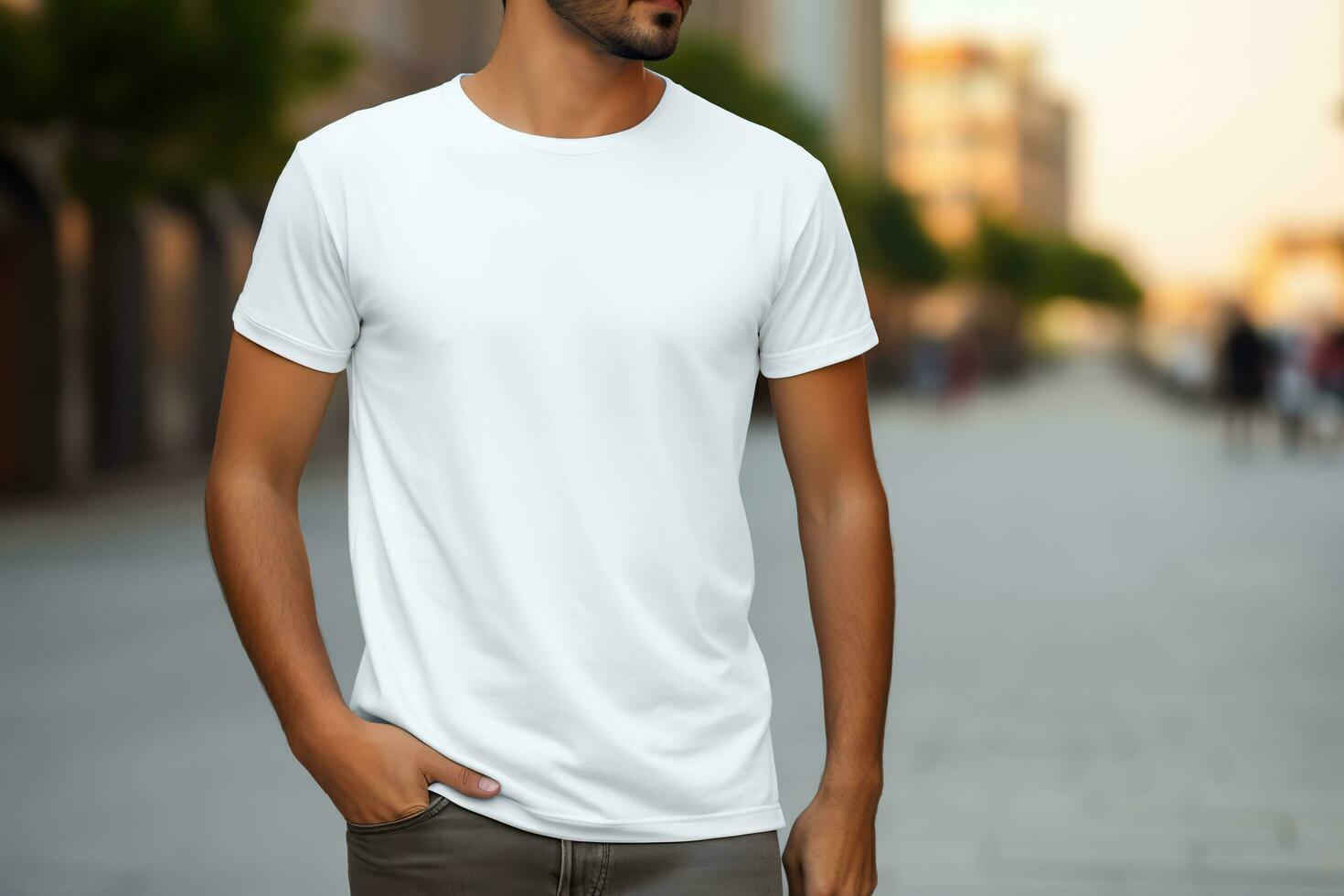 White blank t-shirt mockup template on male model in urban background.AI Generated photo