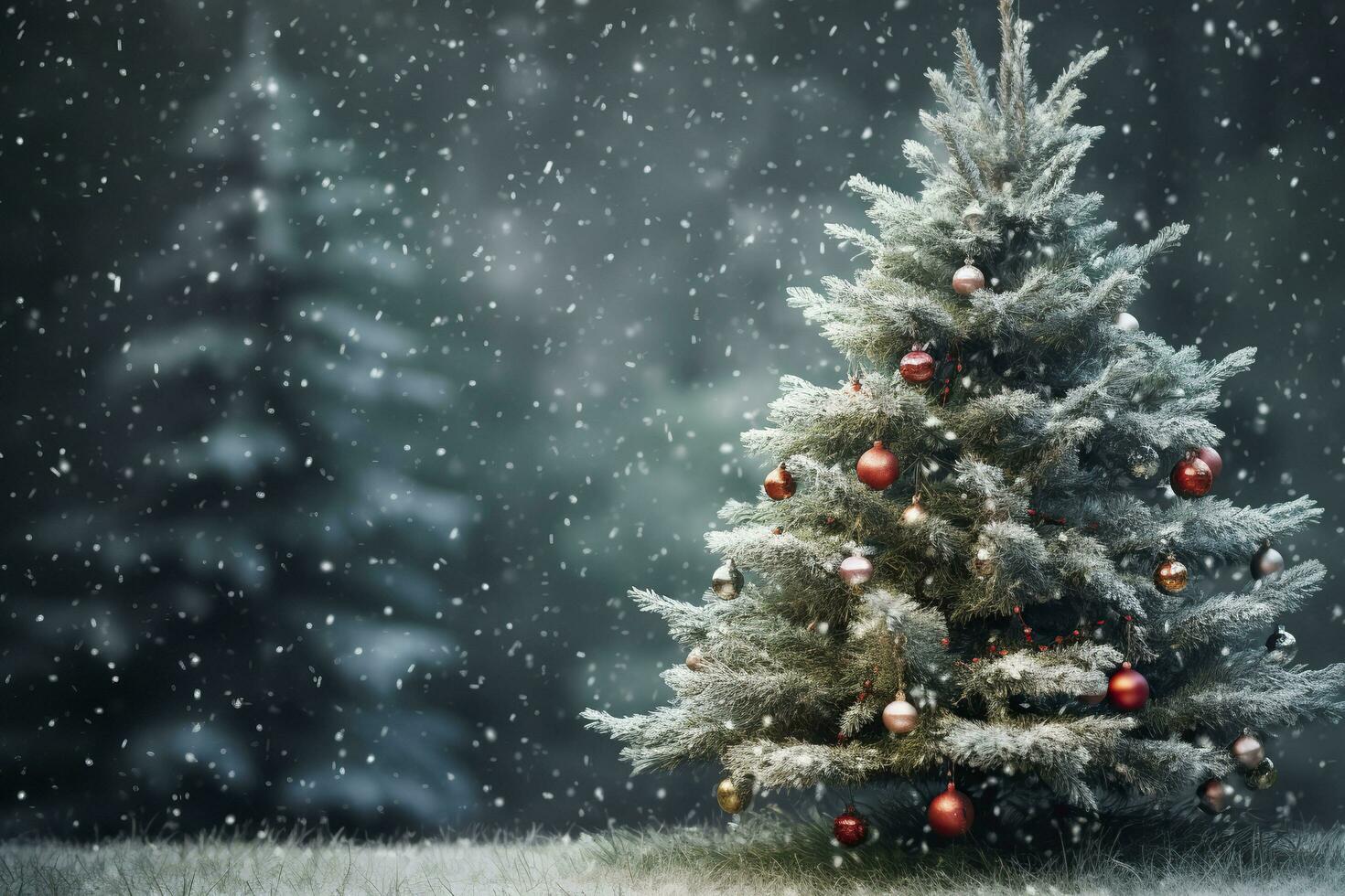 Christmas tree in the snow. Christmas background. New Year concept.AI Generated photo