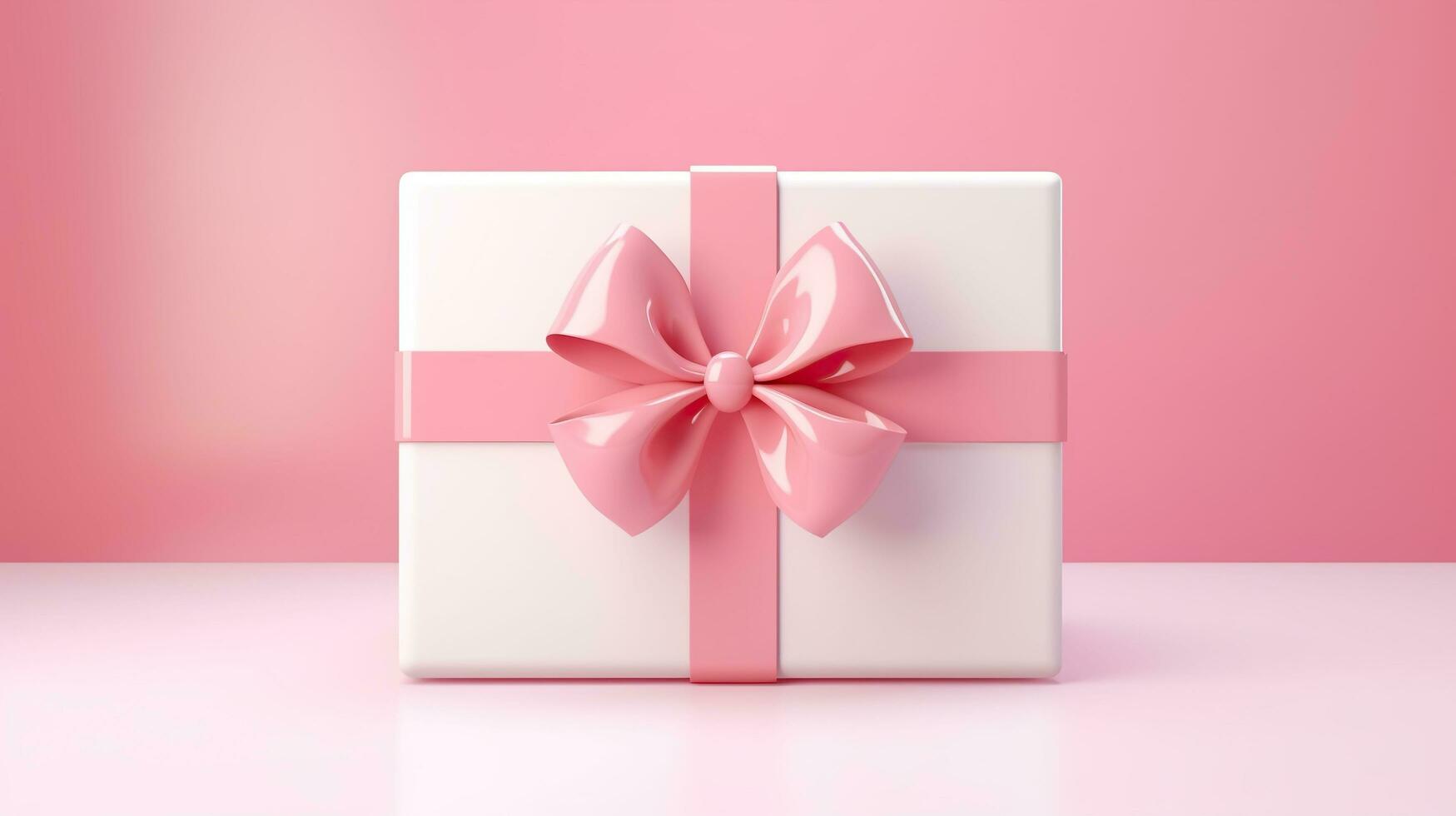 3D white gift box with pink bow on a pink background.AI generated photo