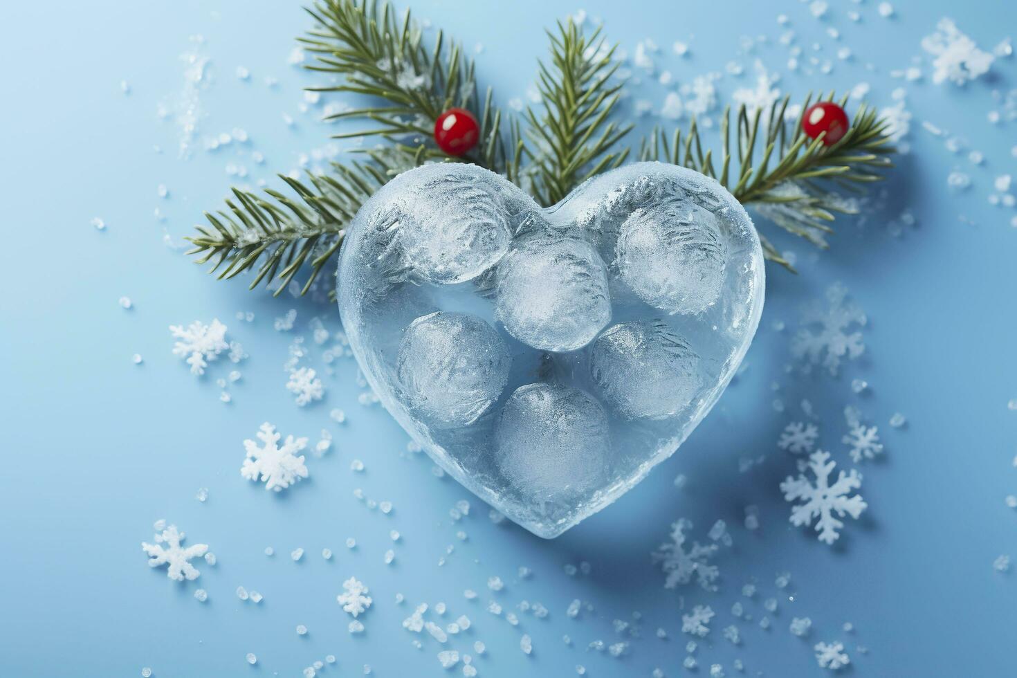 Heart shaped ice cube with fir tree branch and snowflakes on blue background.AI Generated photo