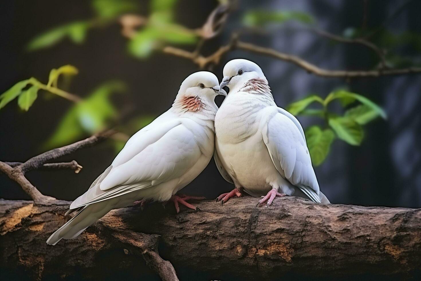 Pair of white doves sitting on a branch.AI Generated photo
