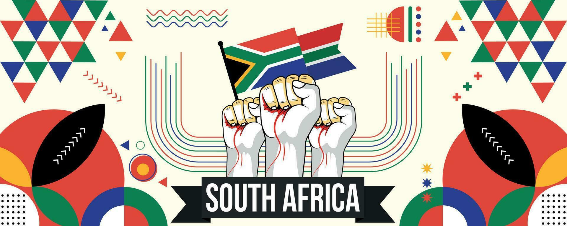 South Africa national or independence day banner for country celebration. Flag of South Africa with raised fists. Modern retro design with abstract geometric icons. Vector illustration.