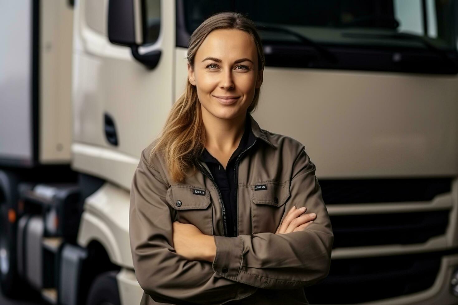 Portrait of a smiling female standing with crossed arms in front of her truck.AI Generated photo