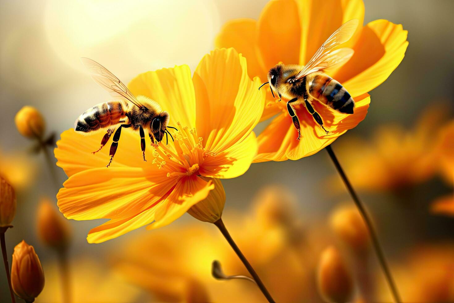 Honeybee and cosmos flower in the garden. Selective focus. Bees flying over a beautiful yellow flower, AI Generated photo