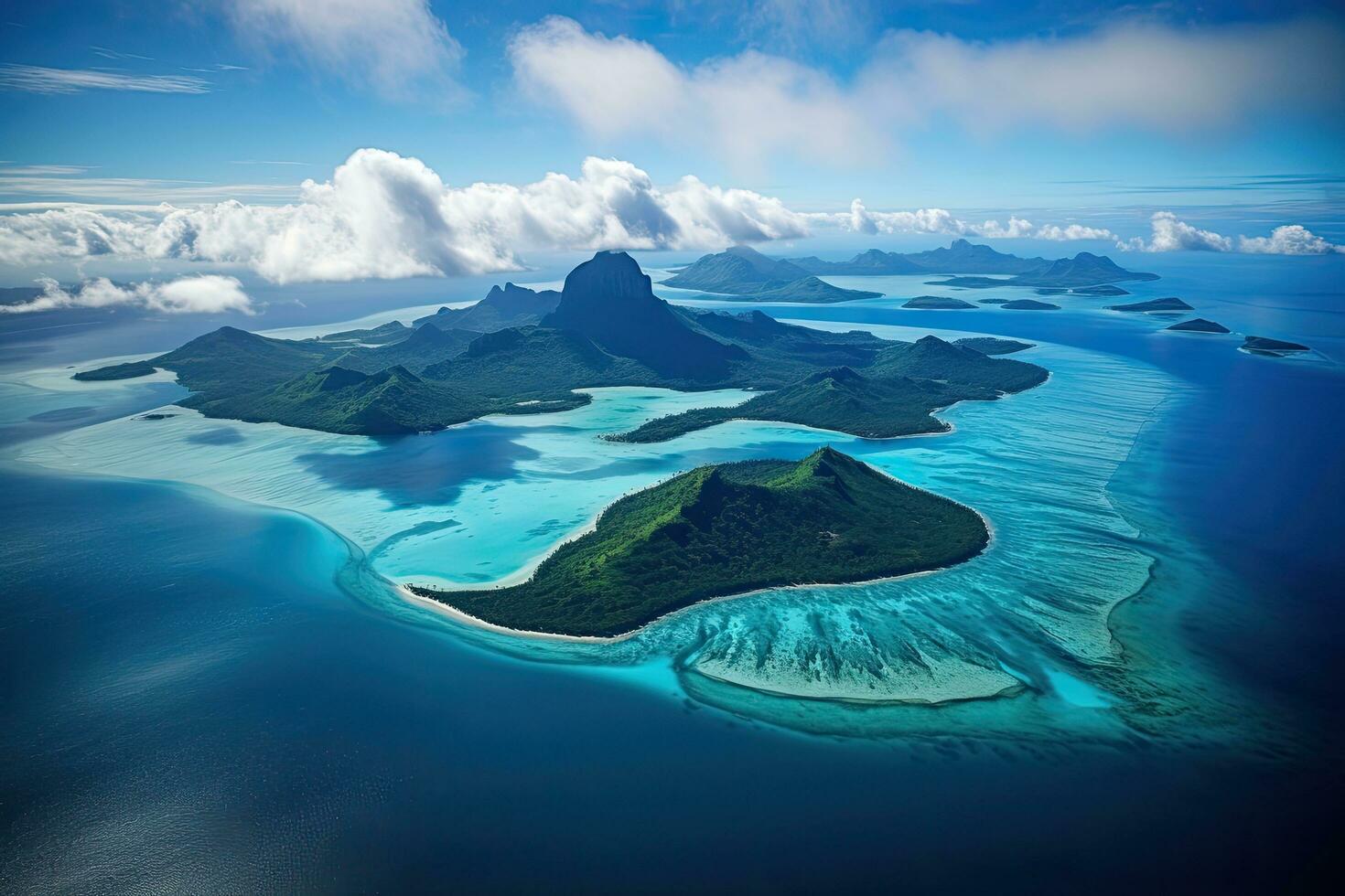 aéreo ver de un tropical isla a seychelles aéreo ver de bora bora isla y laguna, ai generado foto