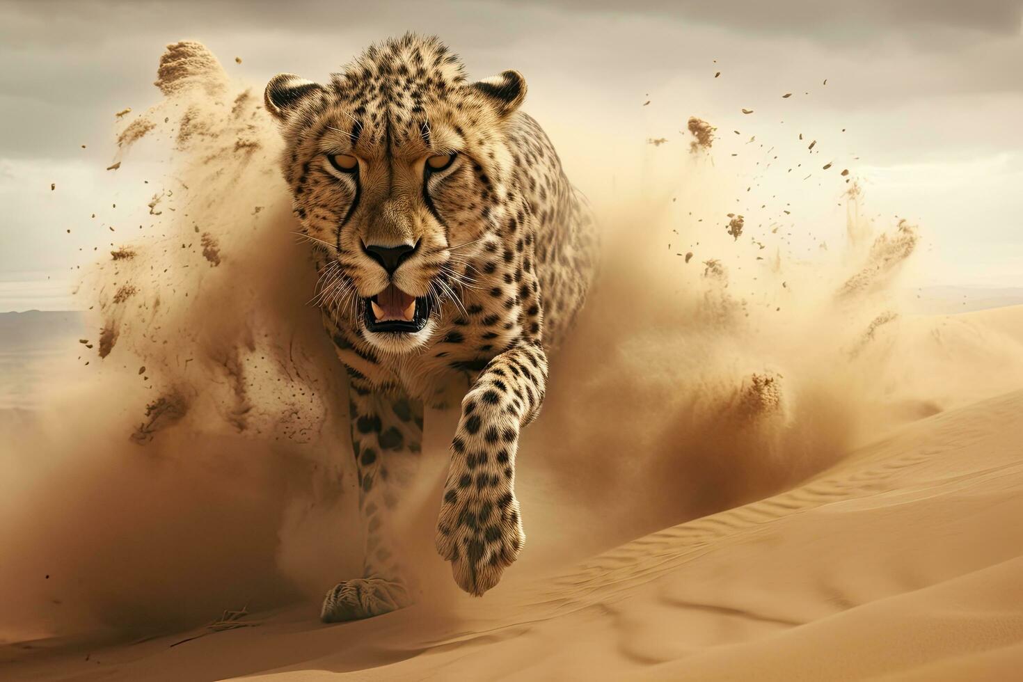 Cheetah in the desert. 3D illustration. Copy space. Cheetah in a sand storm. 3d render illustration, AI Generated photo