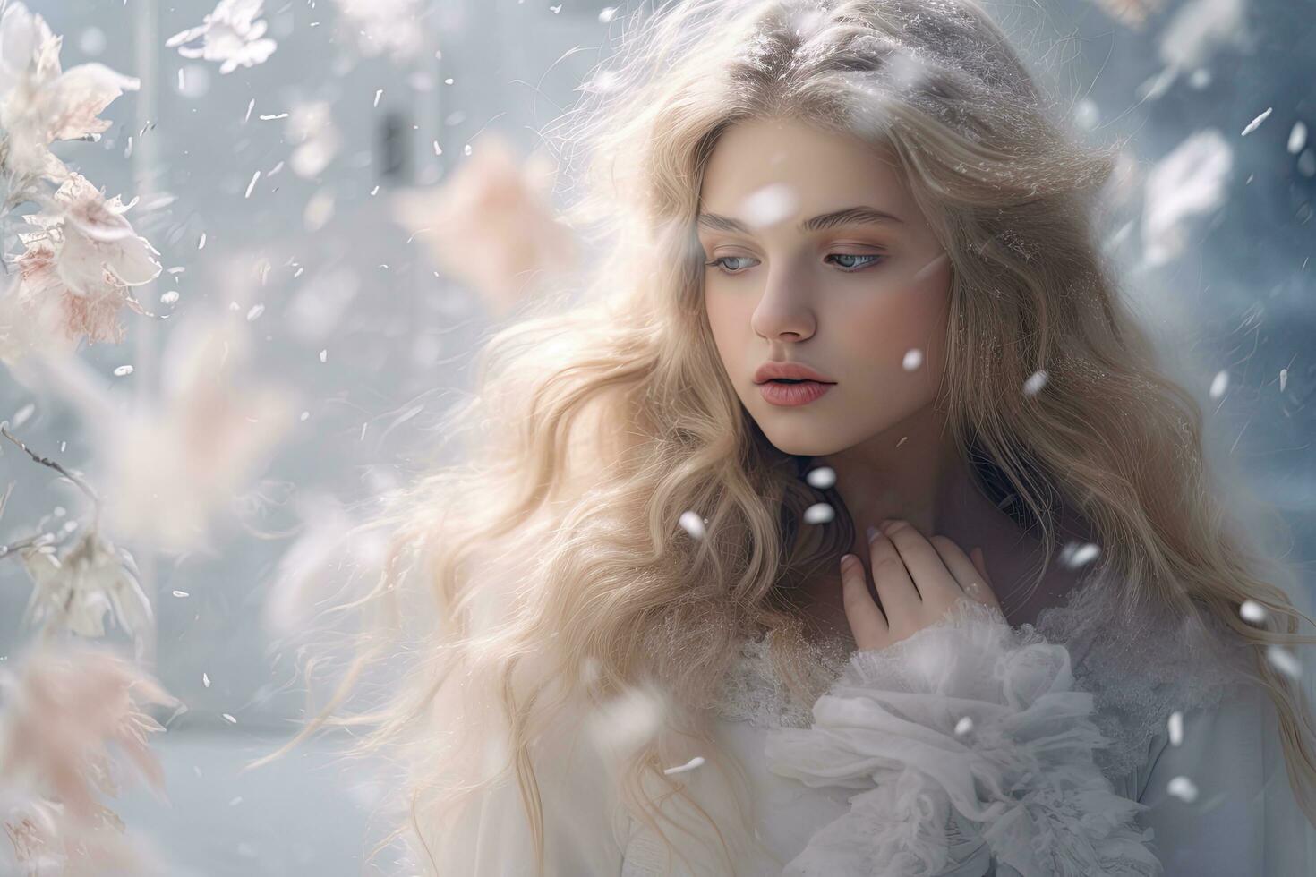 Beautiful blonde girl with long hair in a white fur coat and white snowflakes, A mesmerizing scene of snowflakes drifting in the wind, with soft colors and a dreamy atmosphere, AI Generated photo